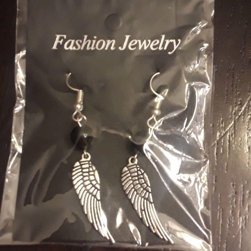 Silver and Black Angel Wing Dangle Earrings. New